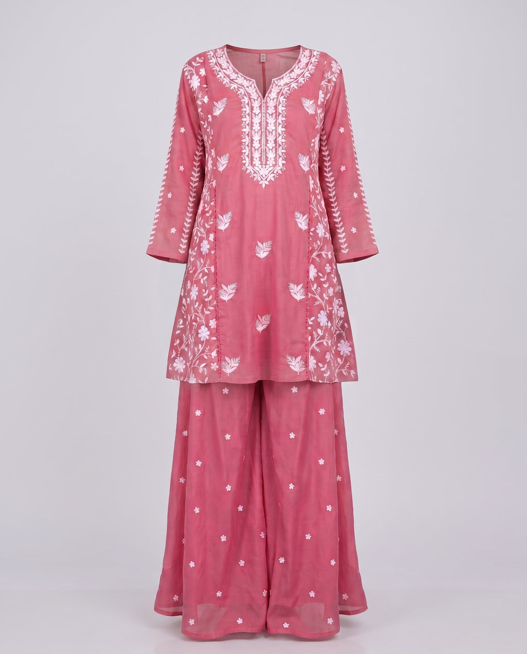 Rose Pink Chikankari Chanderi Co-ord Set - Flare Plazzo