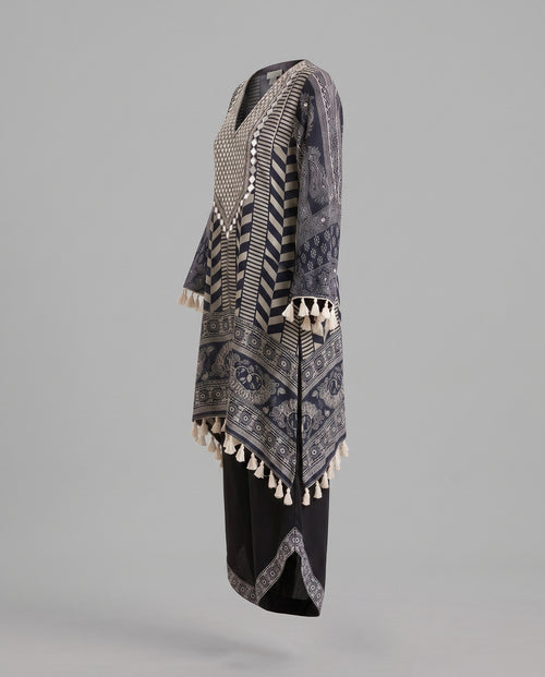Black & White Crepe Mirror Work  Co-ord Set - Fancy Plazzo