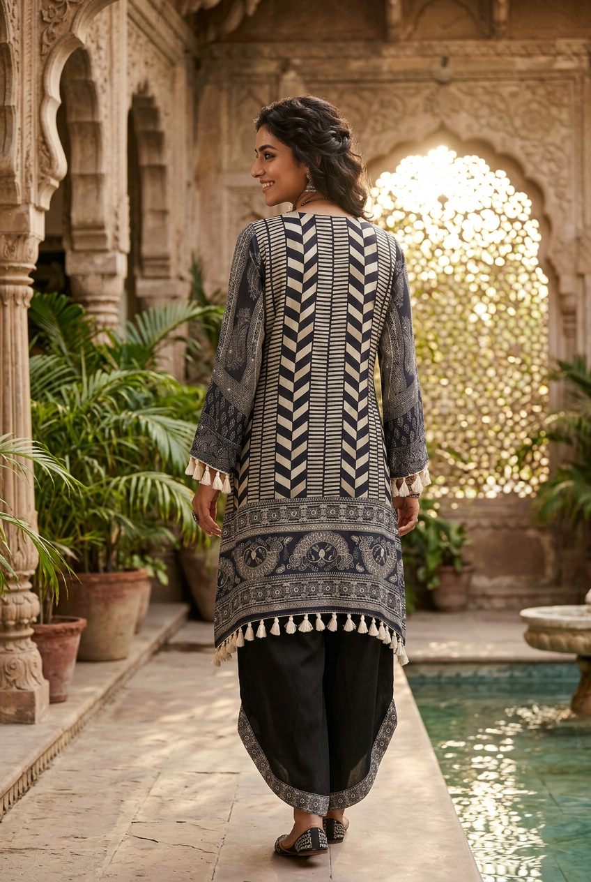 Black & White Crepe Mirror Work  Co-ord Set - Fancy Plazzo
