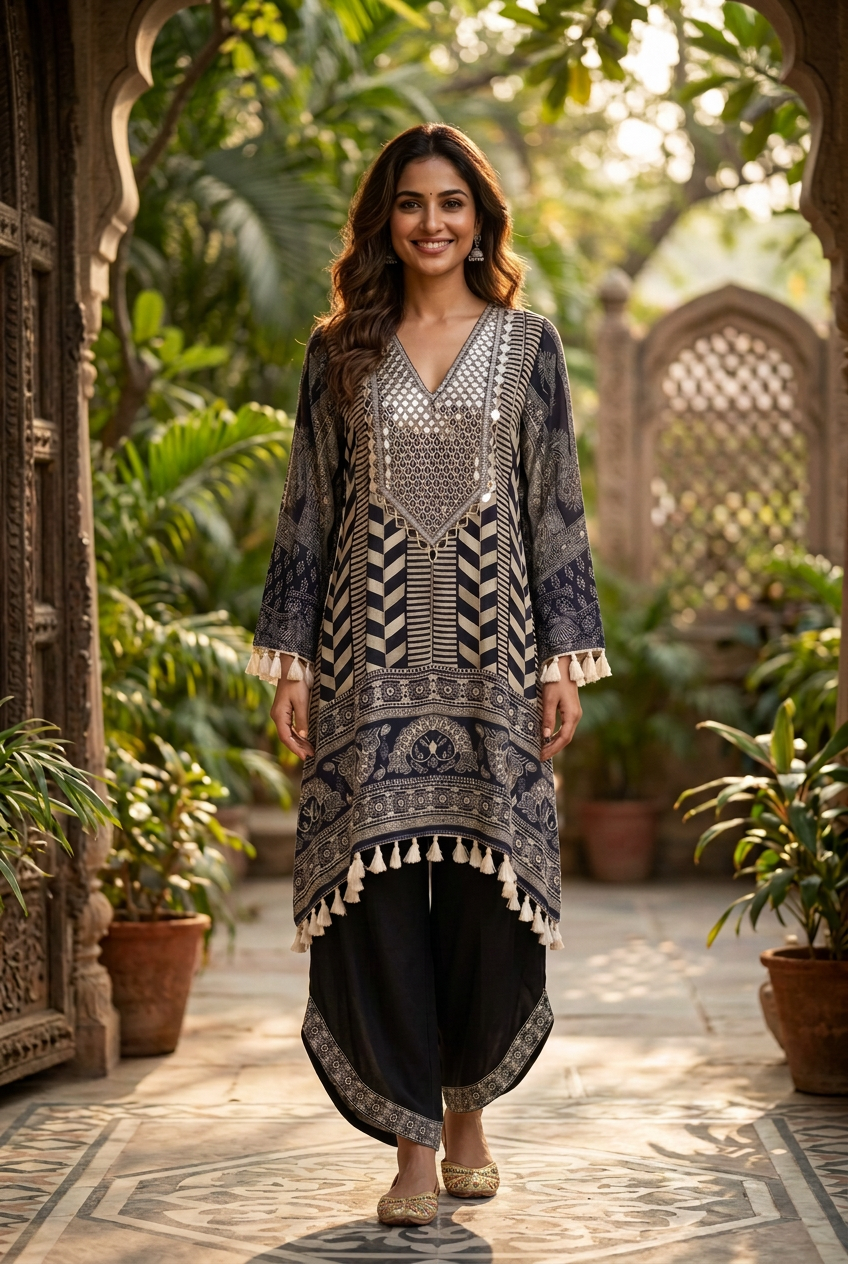Black & White Crepe Mirror Work  Co-ord Set - Fancy Plazzo