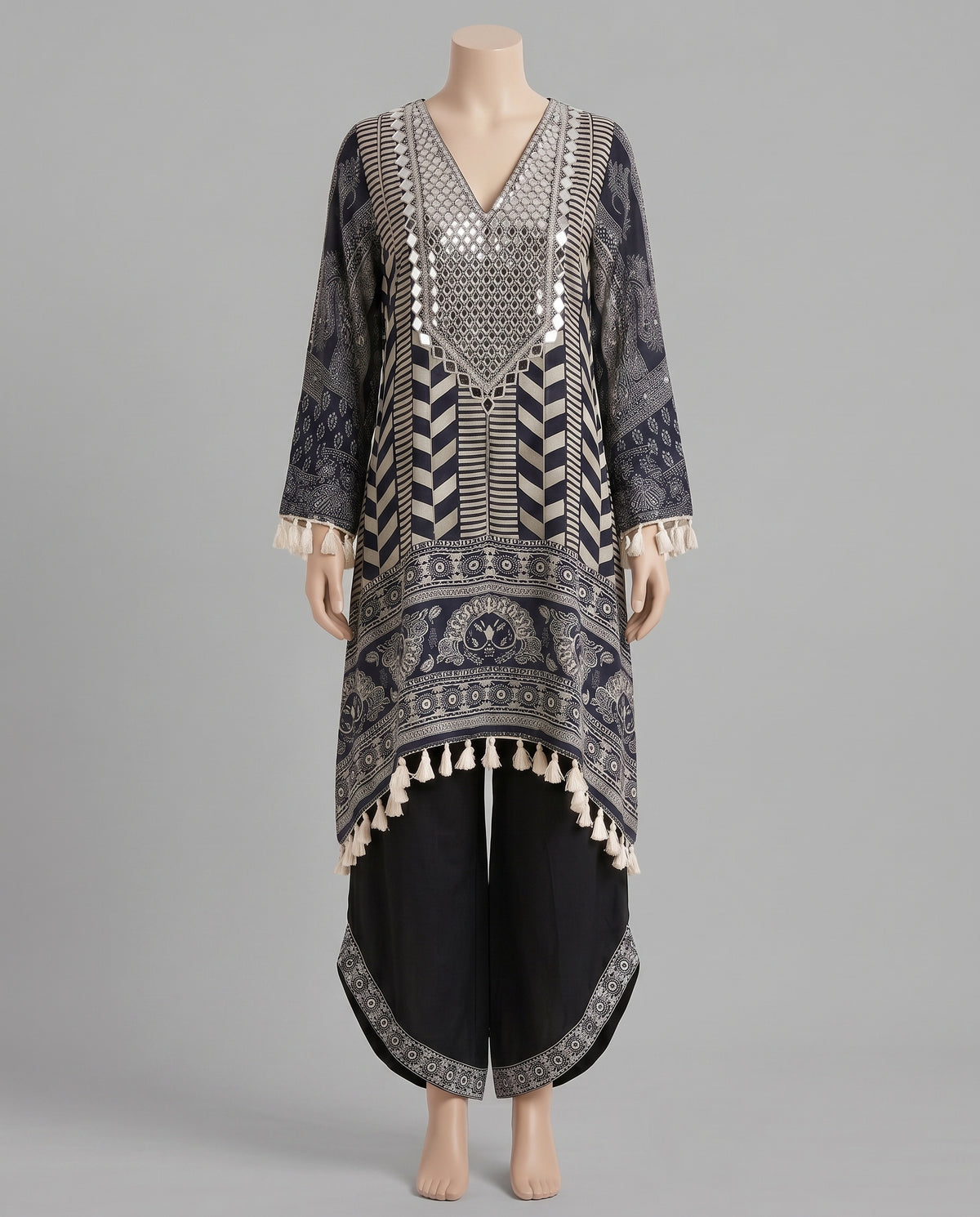 Black & White Crepe Mirror Work  Co-ord Set - Fancy Plazzo
