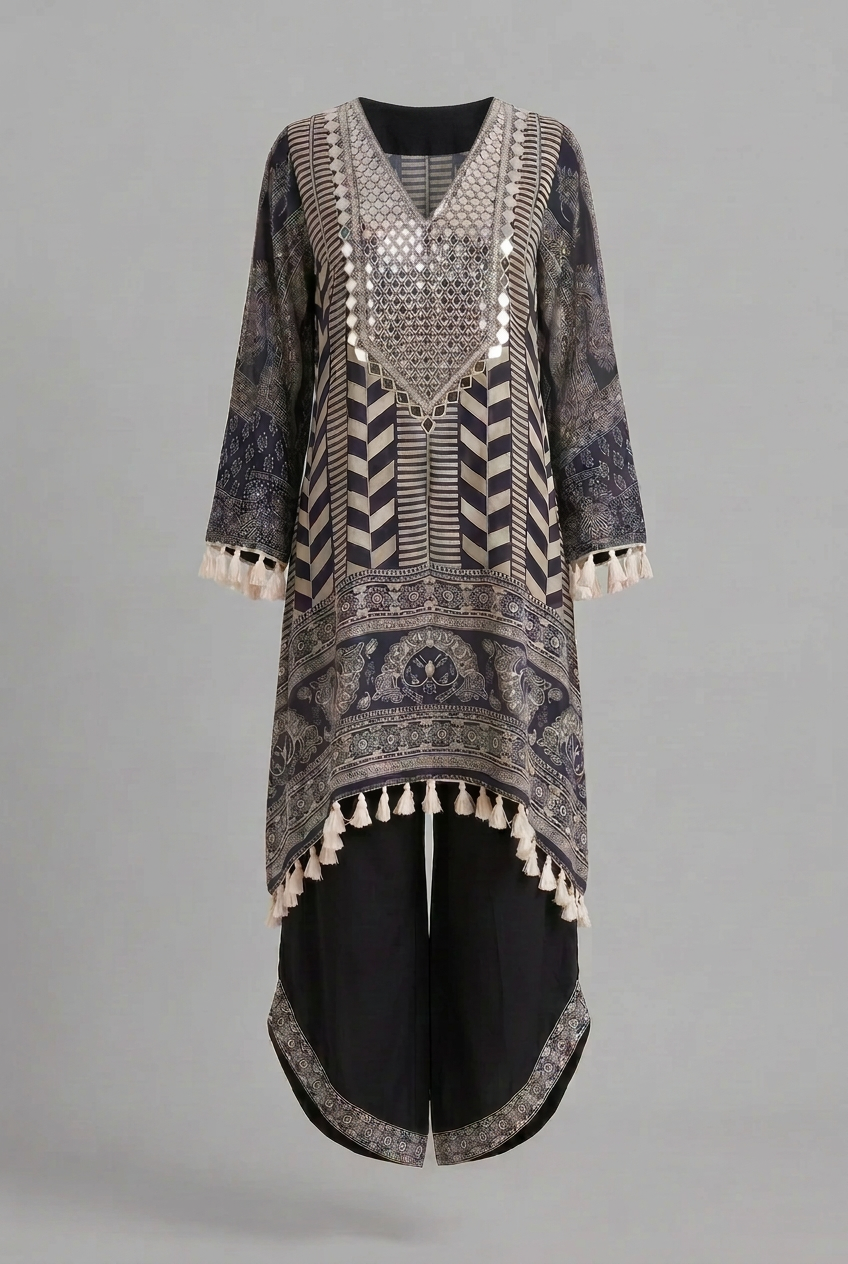 Black & White Crepe Mirror Work  Co-ord Set - Fancy Plazzo