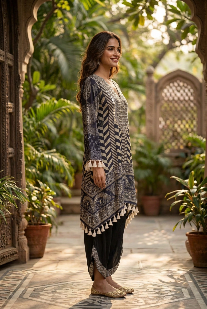 Black & White Crepe Mirror Work  Co-ord Set - Fancy Plazzo