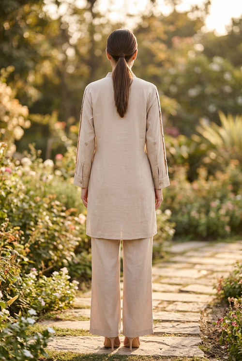 Beige Co-Ord Set With Floral Motifs – Straight Palazzo