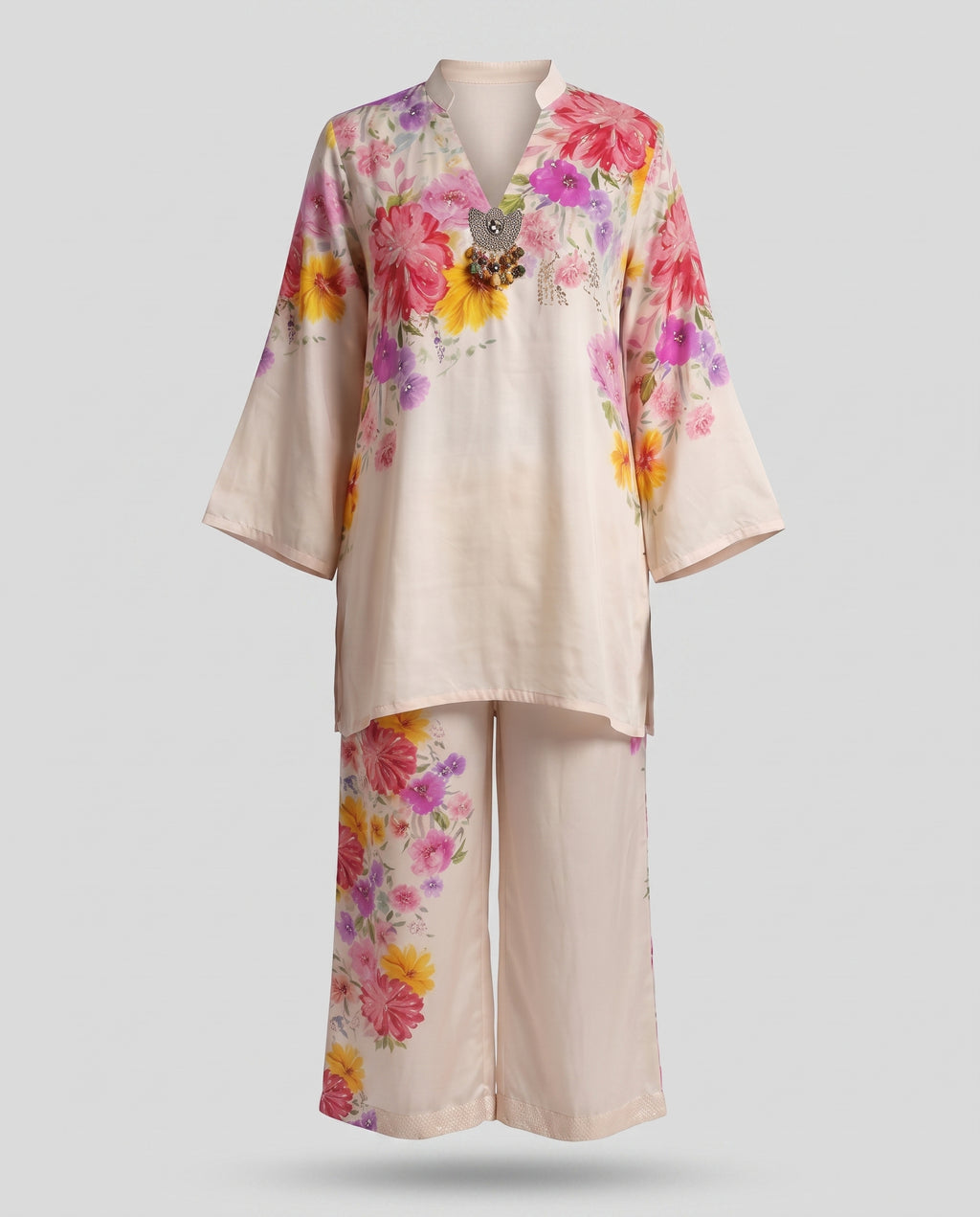 Cream Multicolour Floral Print Rayon Co-Ord Set With Sequin Embroidery – Straight Printed Palazzo
