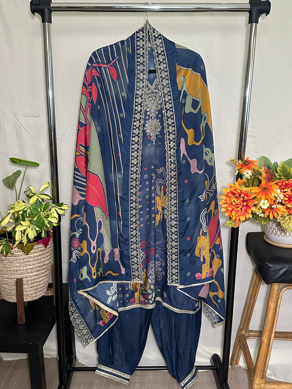 Dark Charcoal (Navy) Suit with Dupatta - Afghani Pant