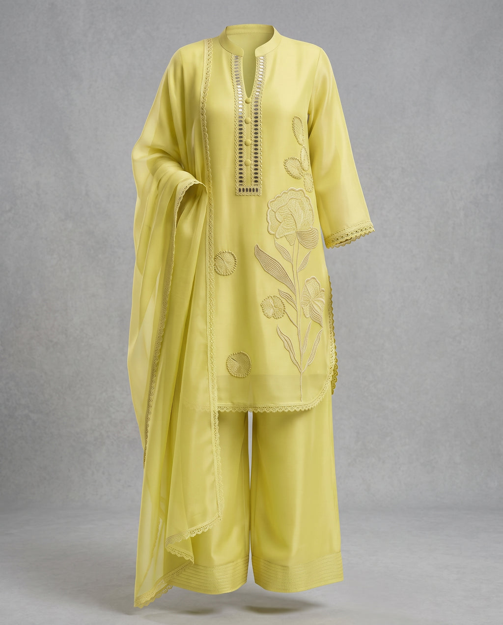 Light mehendi Organza Silk Pearl & Resham Embroidered   Co ord Set With Dupatta – Farsi Salwar