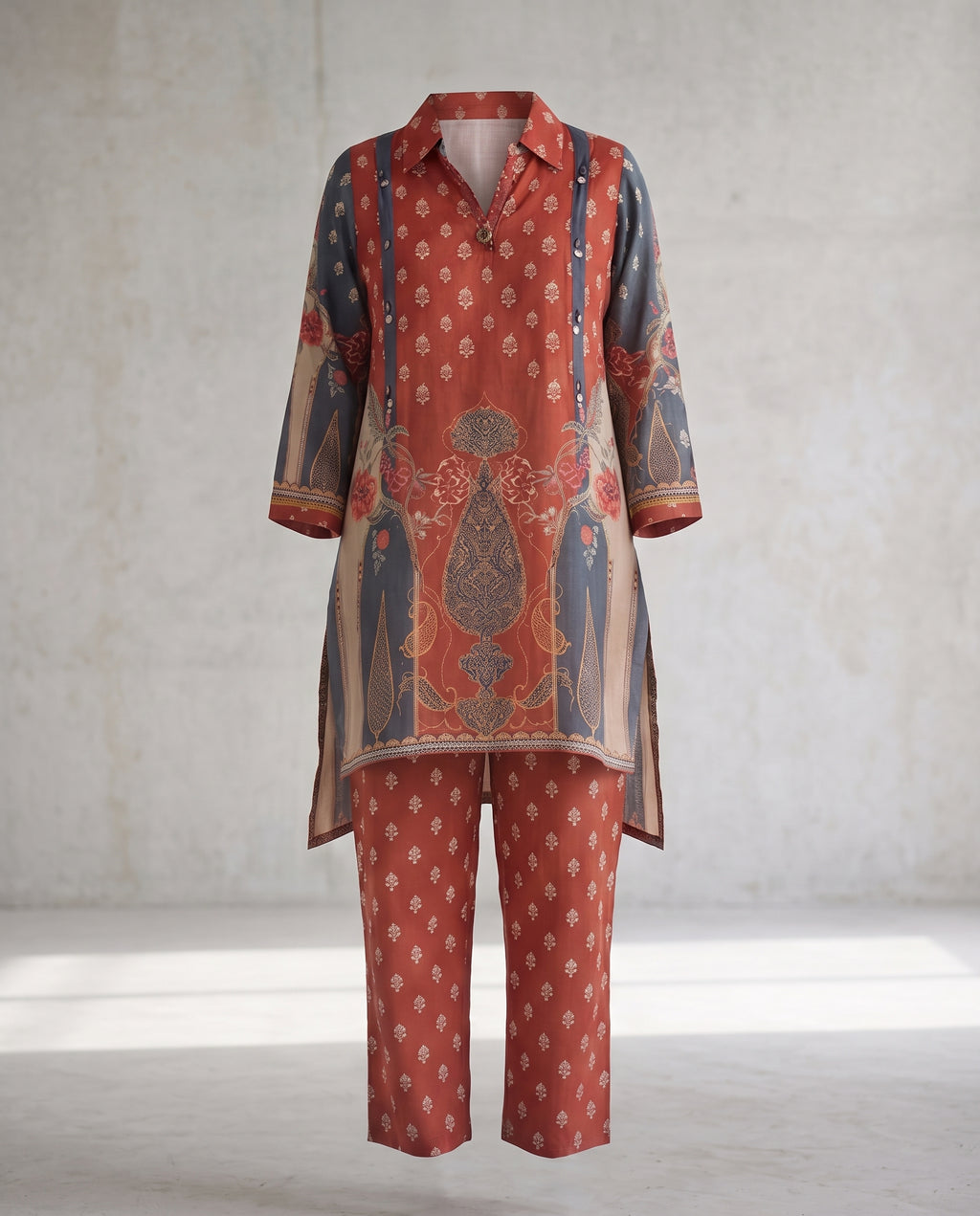 Brown & Grey Floral linen blend Co-Ord Set with – Straight Palazzo