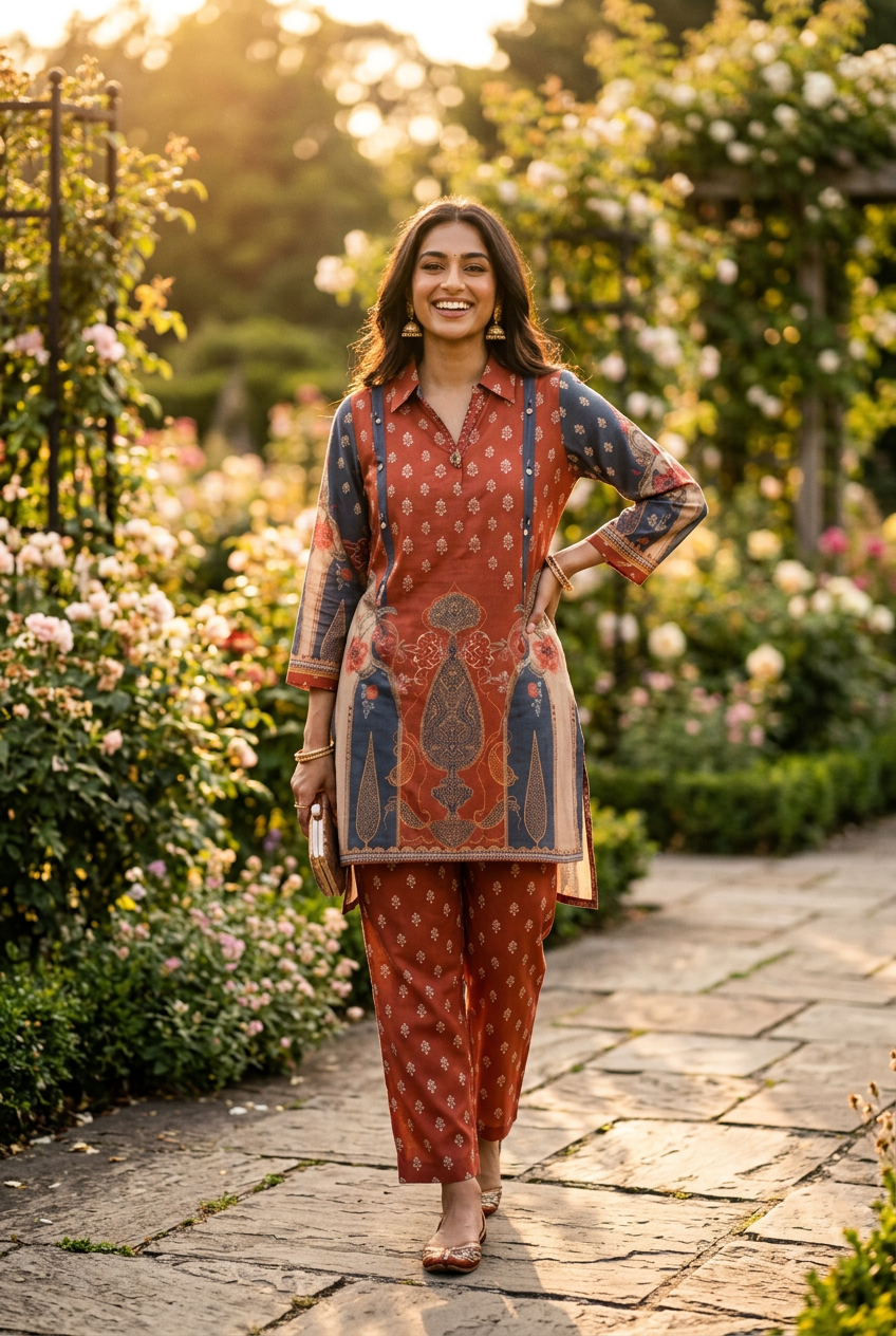 Brown & Grey Floral linen blend Co-Ord Set with – Straight Palazzo