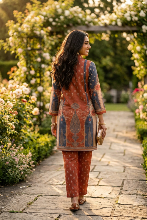 Brown & Grey Floral linen blend Co-Ord Set with – Straight Palazzo