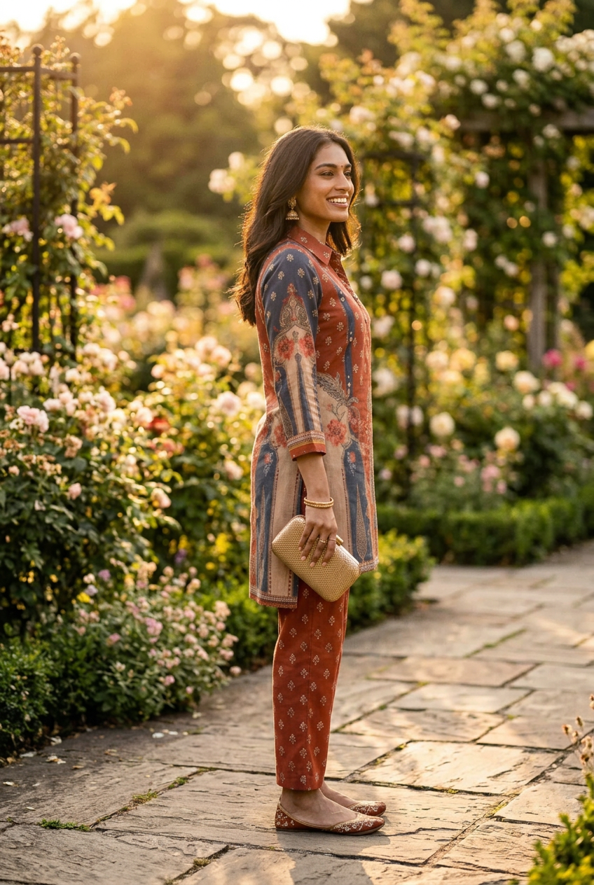 Brown & Grey Floral linen blend Co-Ord Set with – Straight Palazzo