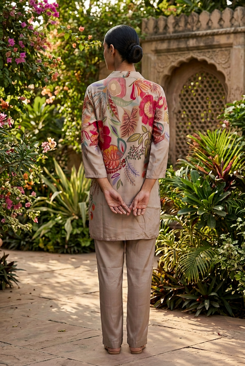 Beige Multicolour Floral Linen Blend Co-Ord Set – Straight Palazzo