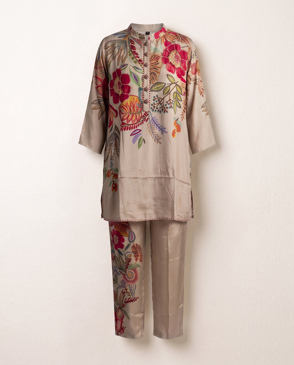 Beige Multicolour Floral Linen Blend Co-Ord Set – Straight Palazzo