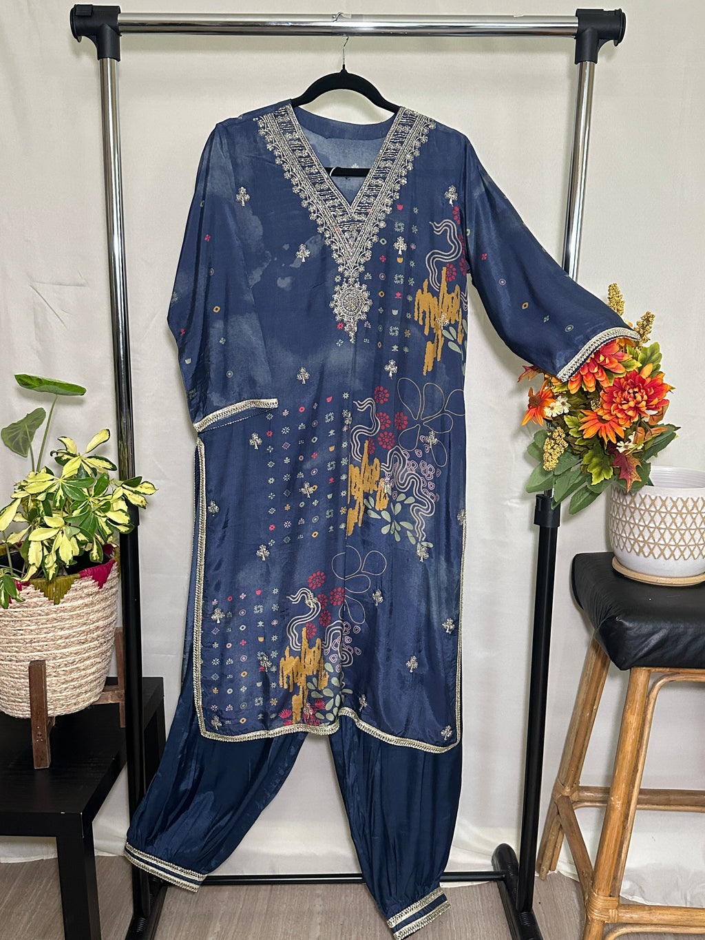 Dark Charcoal (Navy) Suit with Dupatta - Afghani Pant