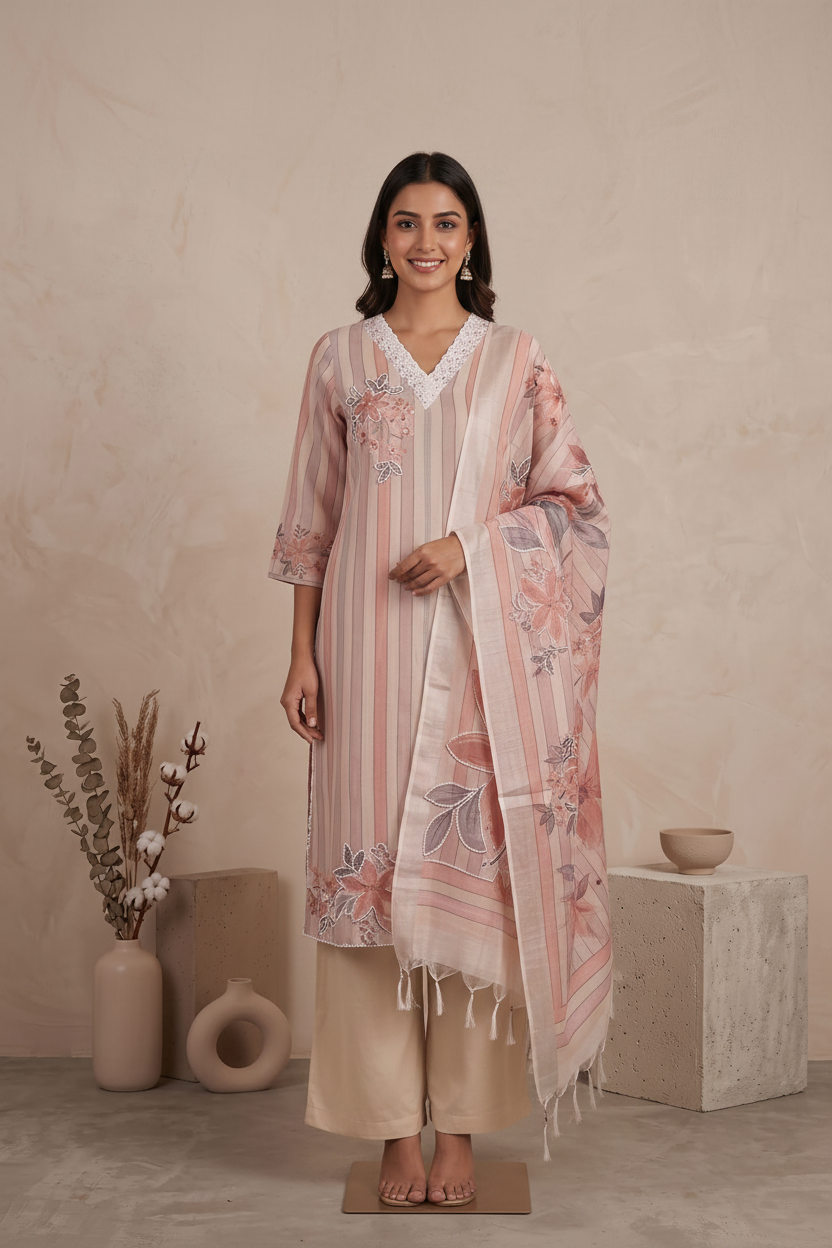 Cotton Linen Blend Hand-Painted Suit with Dupatta - Straight Palazzo