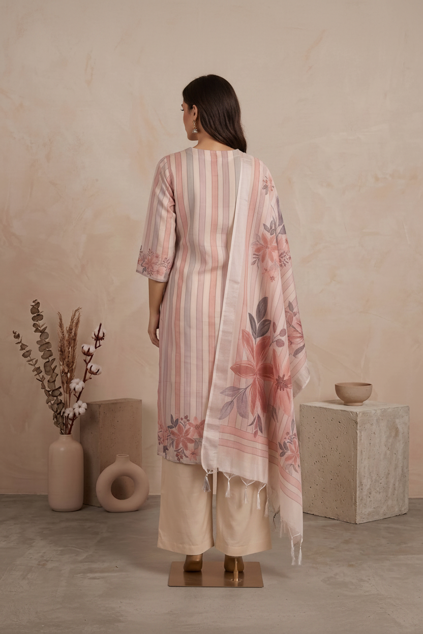 Cotton Linen Blend Hand-Painted Suit with Dupatta - Straight Palazzo