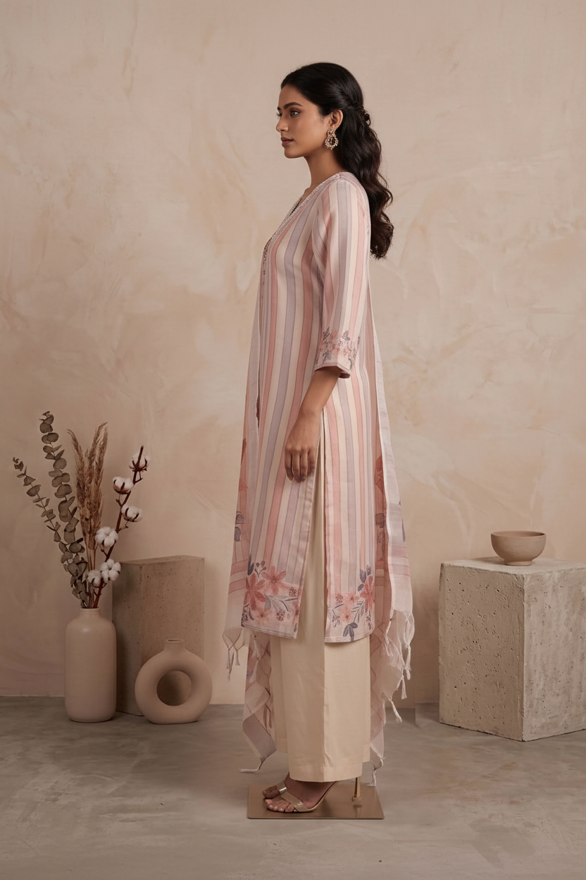 Cotton Linen Blend Hand-Painted Suit with Dupatta - Straight Palazzo