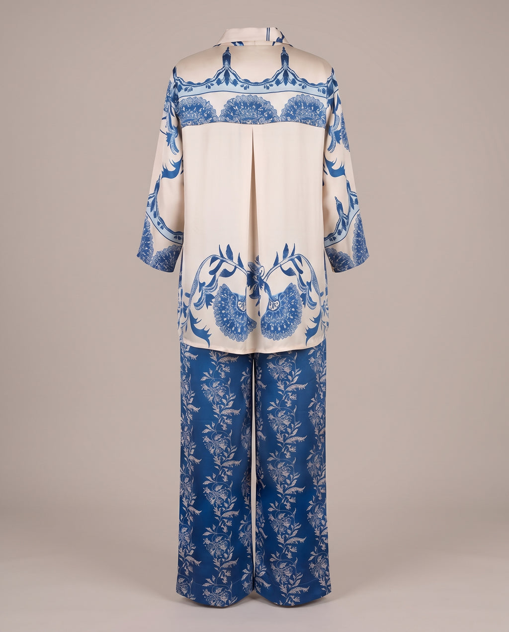 Cream & Blue Floral Modal Silk Co-Ord Set – Straight Palazzo