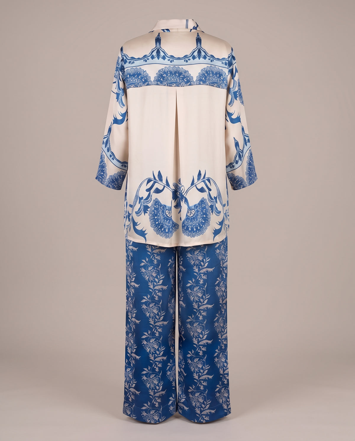 Cream & Blue Floral Modal Silk Co-Ord Set – Straight Palazzo