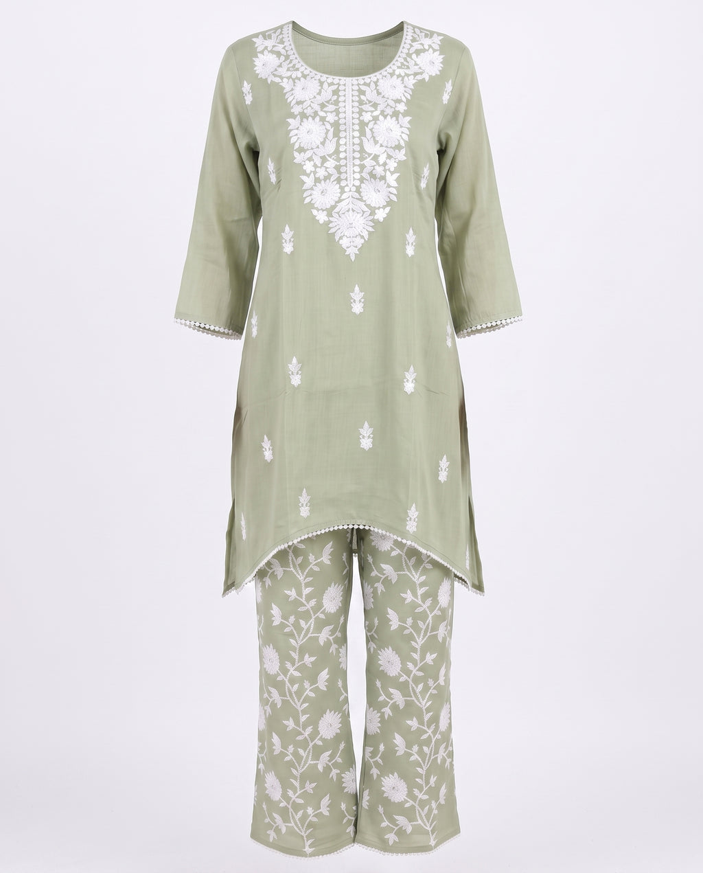 Pale Green Chanderi Chikankari Co-Ord Set – Belled Bottom