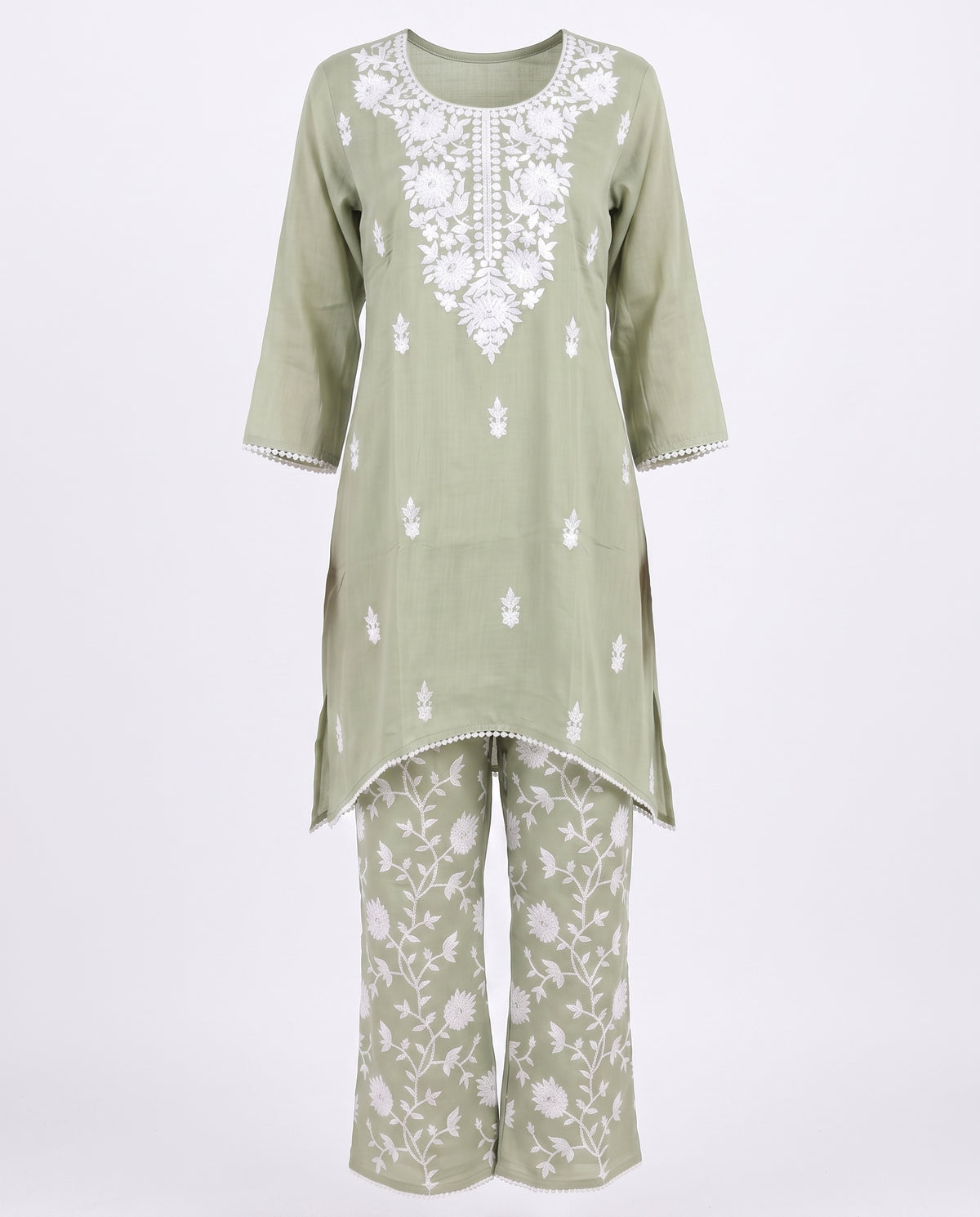 Pale Green Chanderi Chikankari Co-Ord Set – Belled Bottom