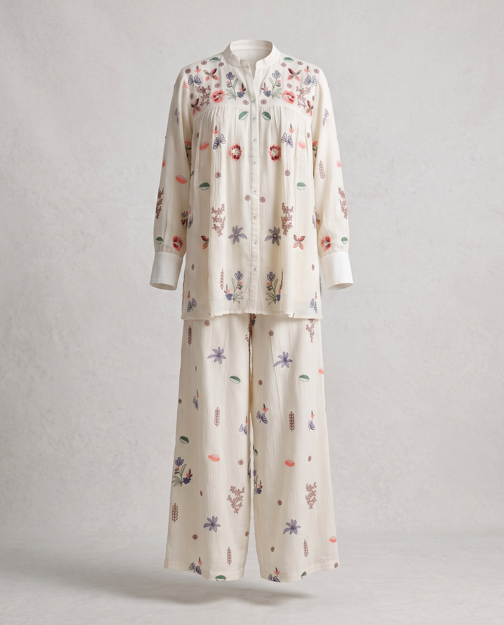 Cream Kora Silk Co-Ord Set With Multicolour Embroidery – Wide Palazzo