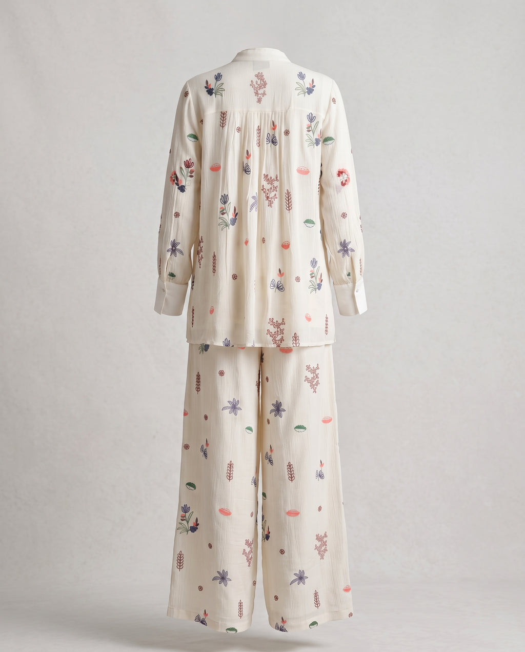 Cream Kora Silk Co-Ord Set With Multicolour Embroidery – Wide Palazzo