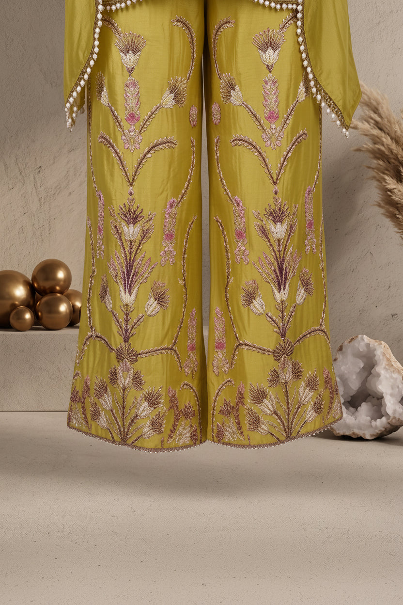 Light Mustard Organza Silk Co-Ord Set With Sequin & Bead Embroidery – Wide-Leg Palazzo