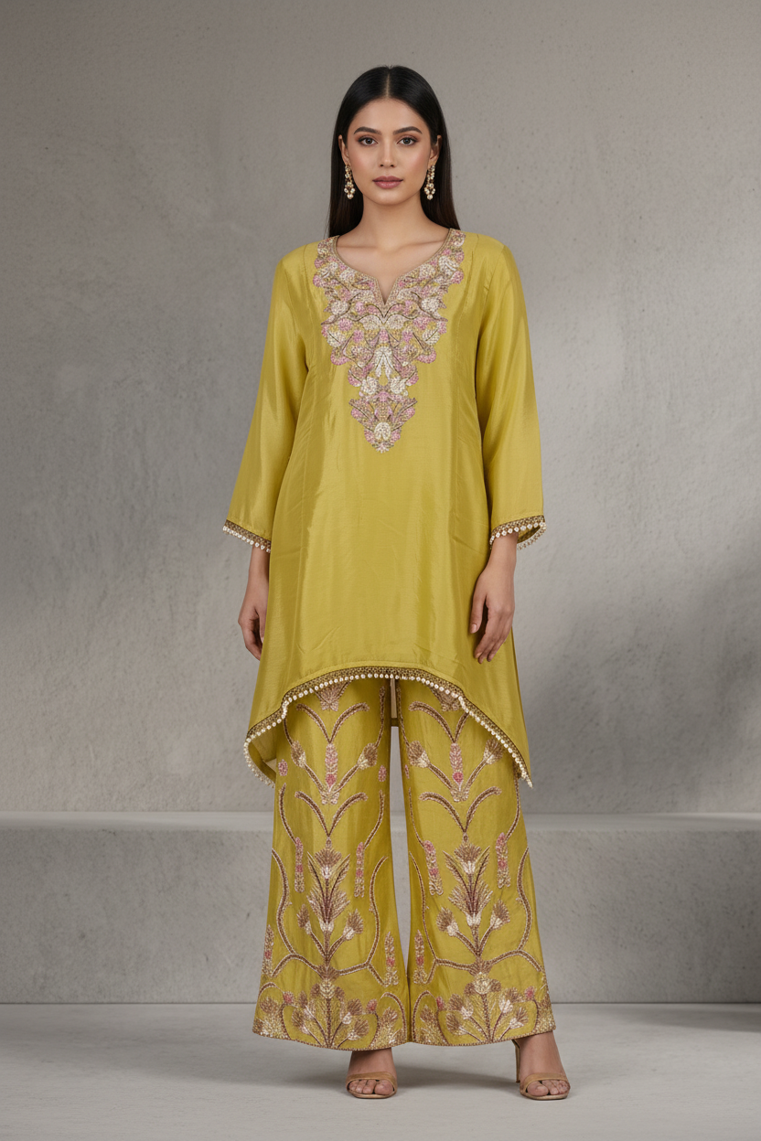 Light Mustard Organza Silk Co-Ord Set With Sequin & Bead Embroidery – Wide-Leg Palazzo