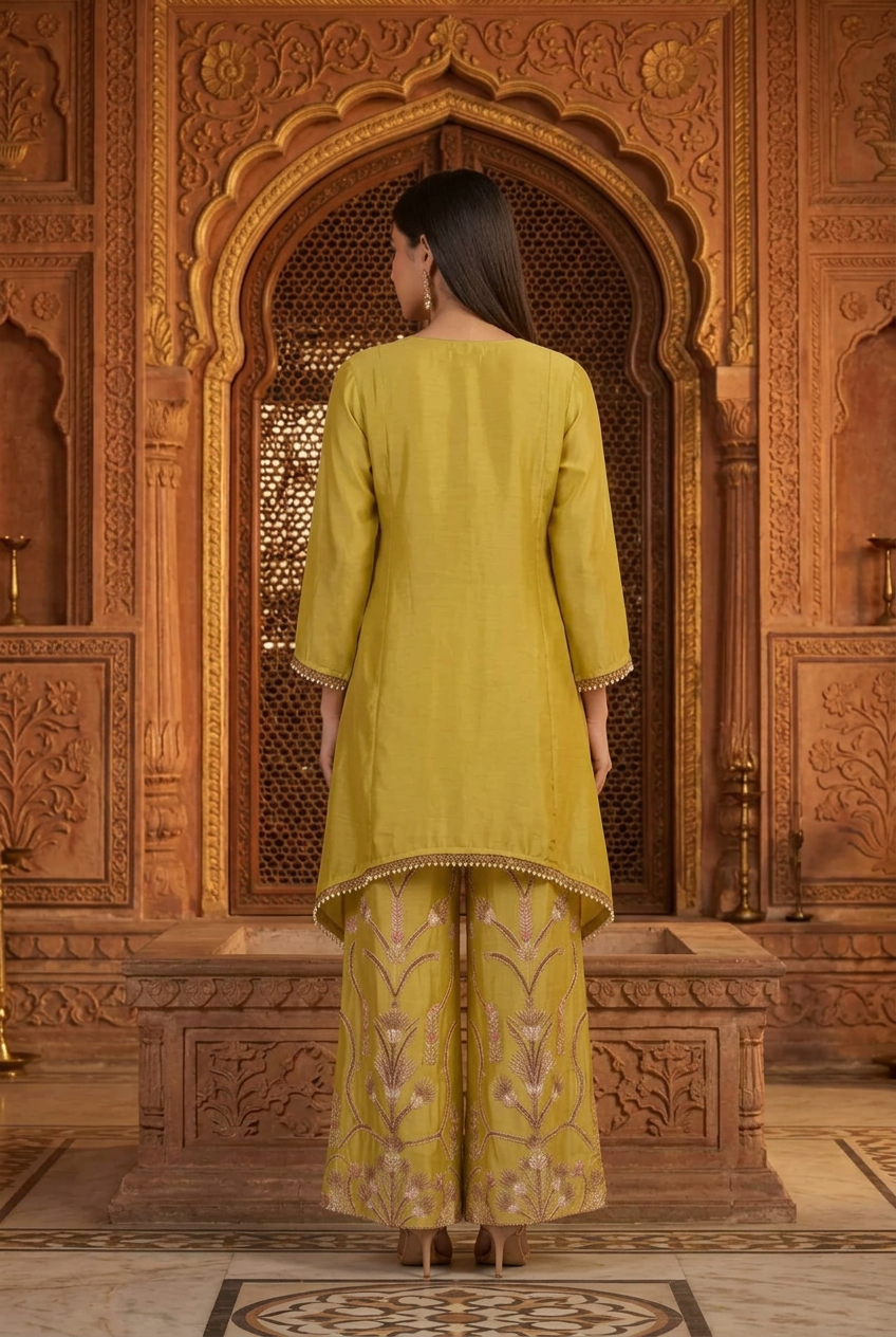 Light Mustard Organza Silk Co-Ord Set With Sequin & Bead Embroidery – Wide-Leg Palazzo