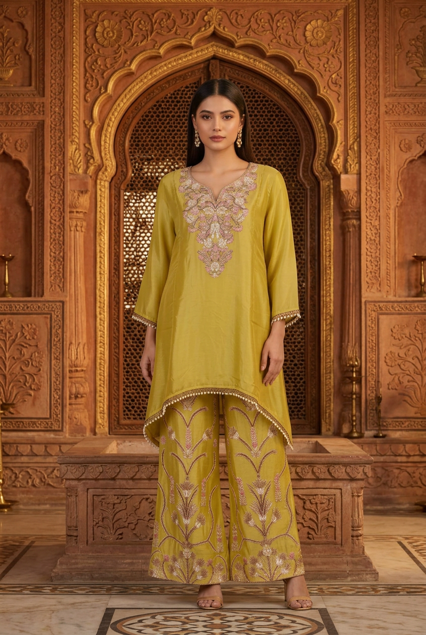 Light Mustard Organza Silk Co-Ord Set With Sequin & Bead Embroidery – Wide-Leg Palazzo
