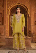 Light Mustard Organza Silk Co-Ord Set With Sequin & Bead Embroidery – Wide-Leg Palazzo
