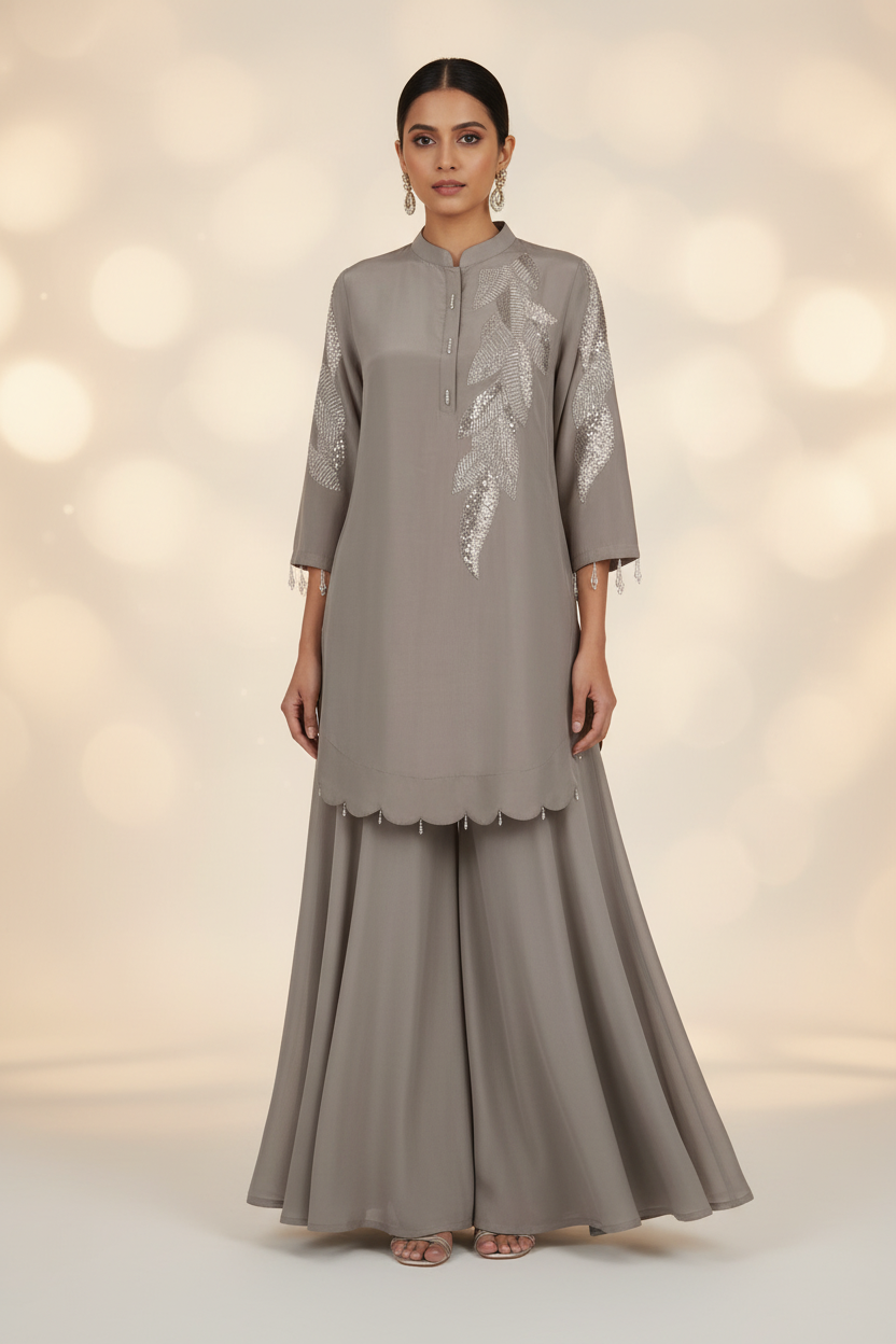 Chikoo Brown Crepe Silk Co-Ord Set With Pipe Work Embroidery – Flare Palazzo