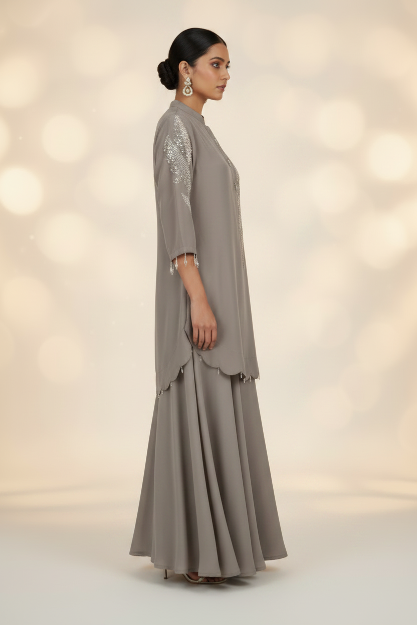 Chikoo Brown Crepe Silk Co-Ord Set With Pipe Work Embroidery – Flare Palazzo