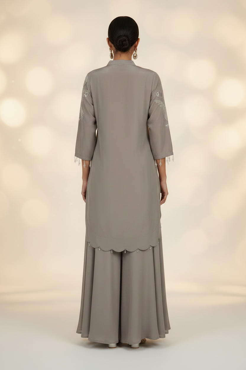 Chikoo Brown Crepe Silk Co-Ord Set With Pipe Work Embroidery – Flare Palazzo