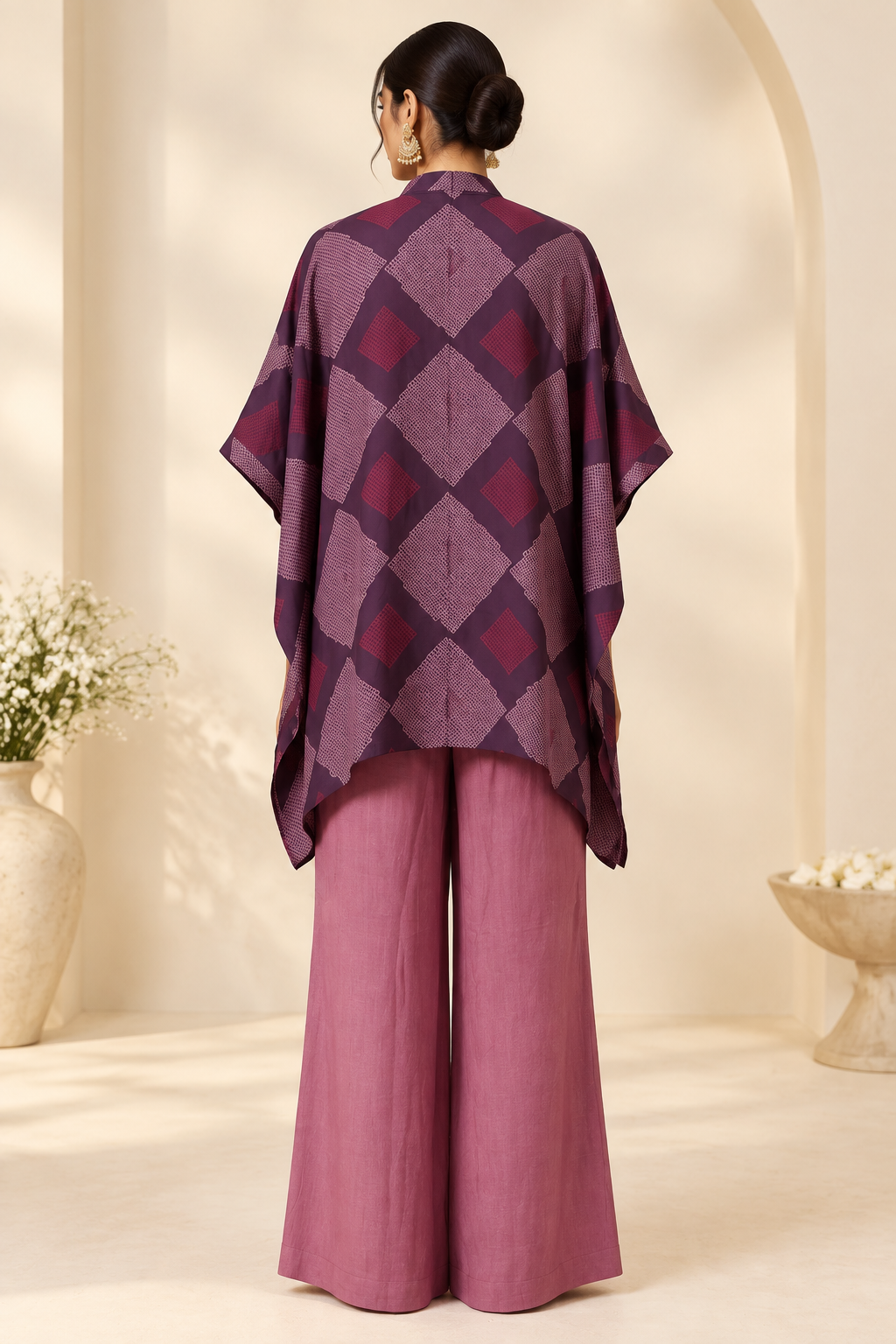 Maroon & Onion Geometric Print Pure Crepe Silk Kaftan – Palazzo