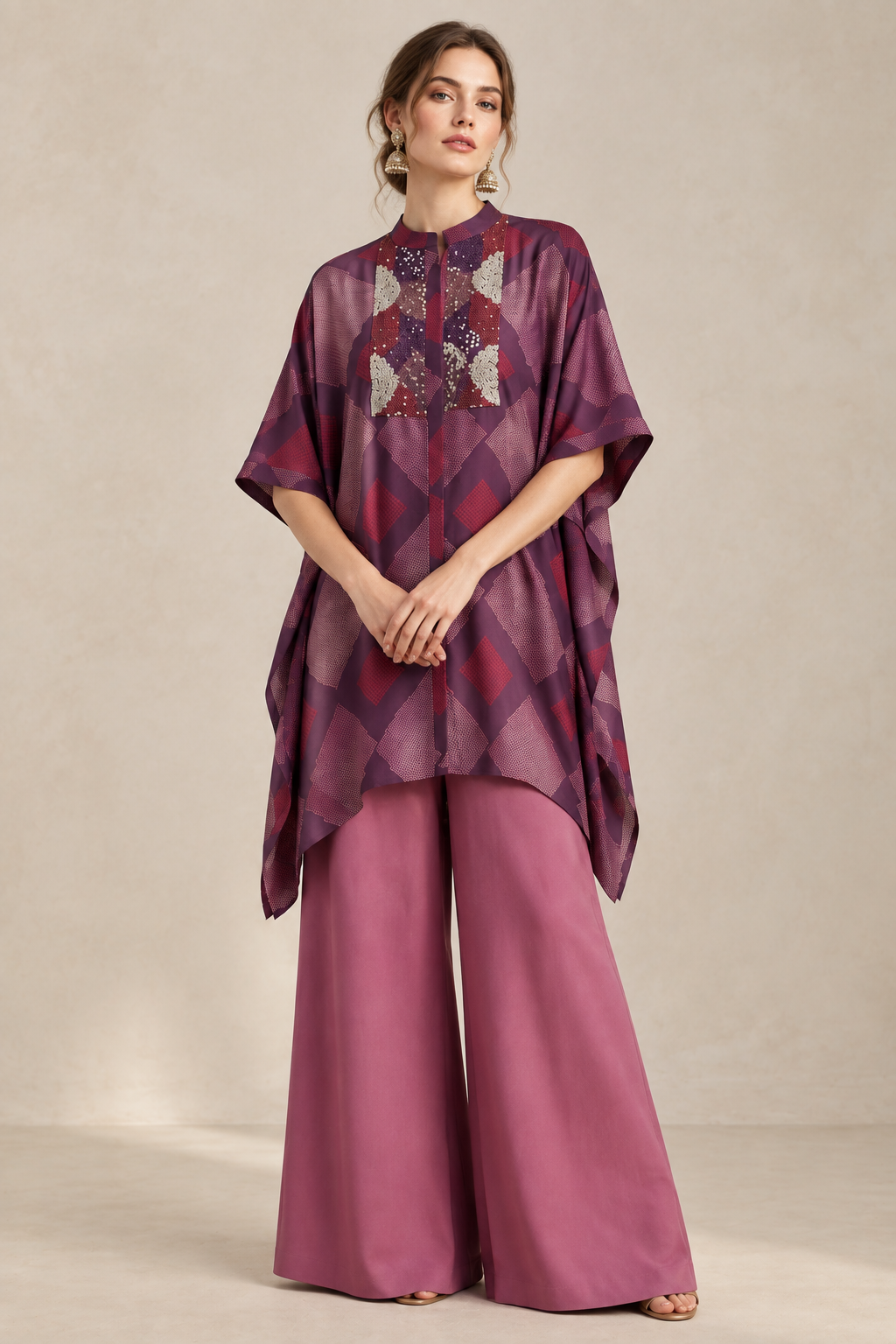 Maroon & Onion Geometric Print Pure Crepe Silk Kaftan – Palazzo