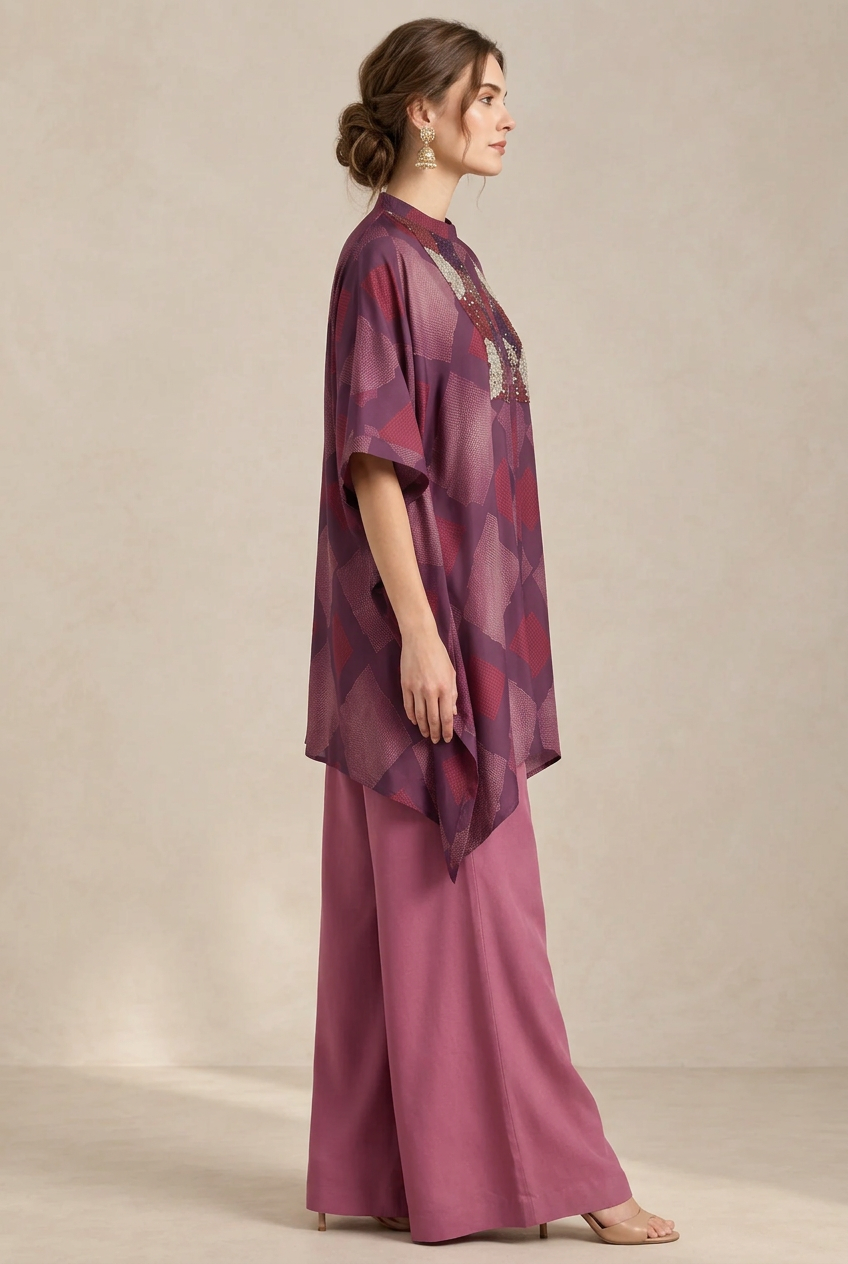 Maroon & Onion Geometric Print Pure Crepe Silk Kaftan – Palazzo