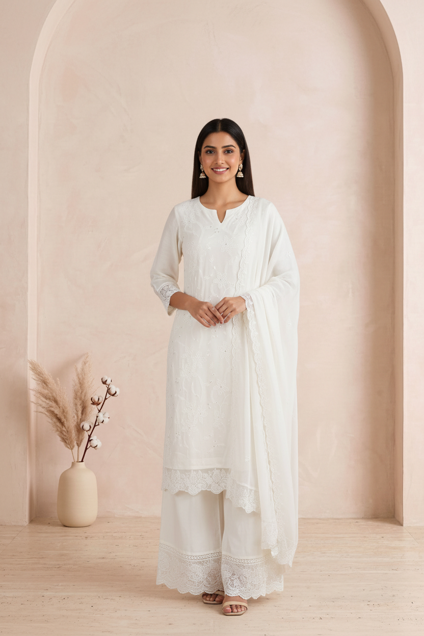 Off-White Chinon Silk  Embroidered  Suit With Dupatta – Flare Palazzo