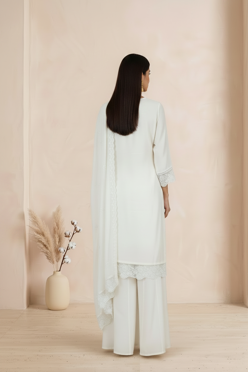 Off-White Chinon Silk  Embroidered  Suit With Dupatta – Flare Palazzo