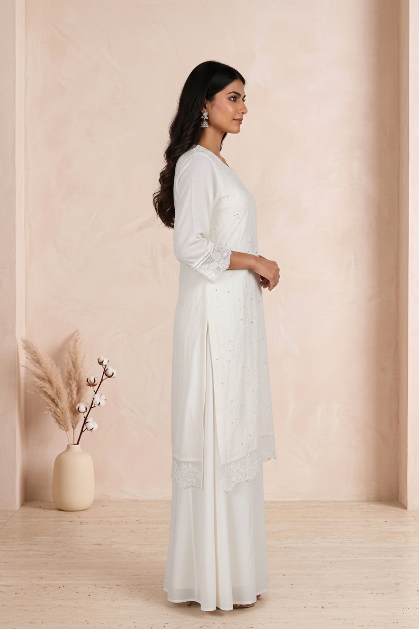Off-White Chinon Silk  Embroidered  Suit With Dupatta – Flare Palazzo