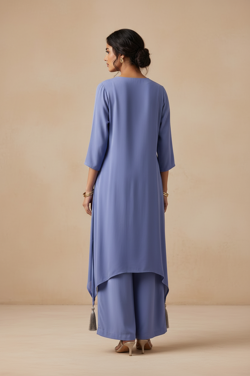 Blue Grey Crepe Silk Co-Ord Set With Embroidery – Straight Palazzo