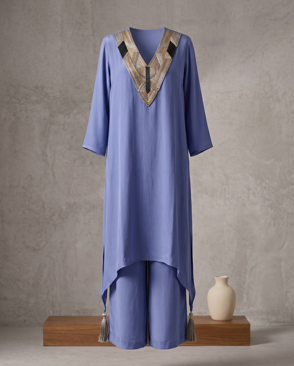 Blue Grey Crepe Silk Co-Ord Set With Embroidery – Straight Palazzo