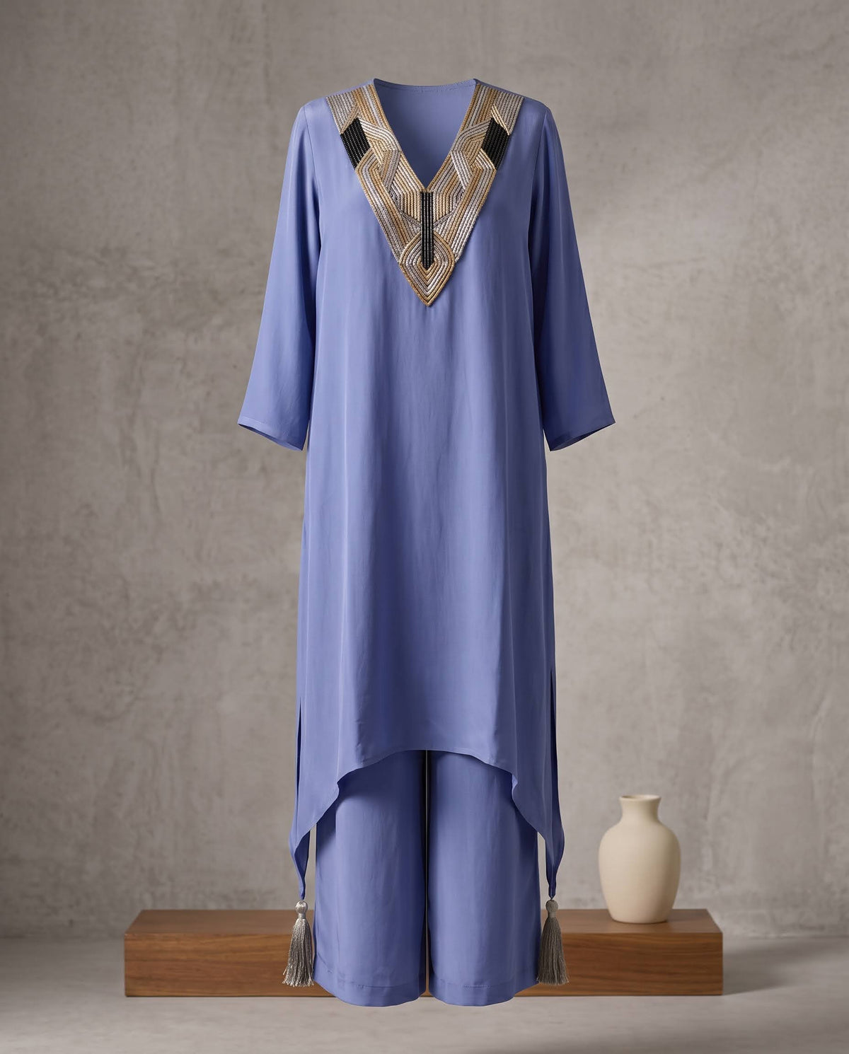 Blue Grey Crepe Silk Co-Ord Set With Embroidery – Straight Palazzo