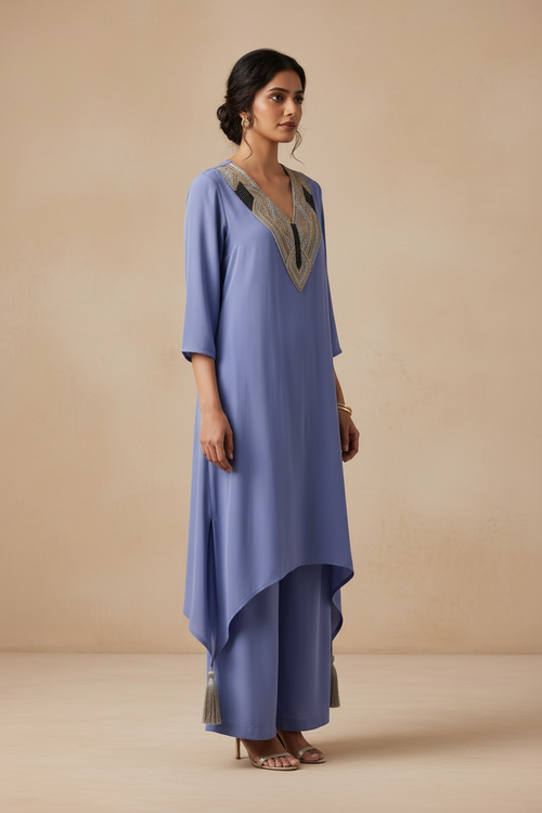 Blue Grey Crepe Silk Co-Ord Set With Embroidery – Straight Palazzo