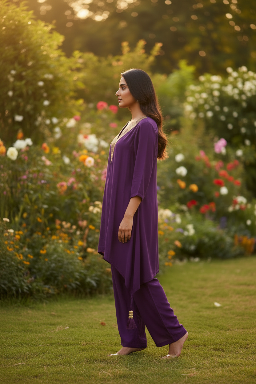 Wine Crepe Pipe Work Embroidered Co-ord Set – Straight Palazzo