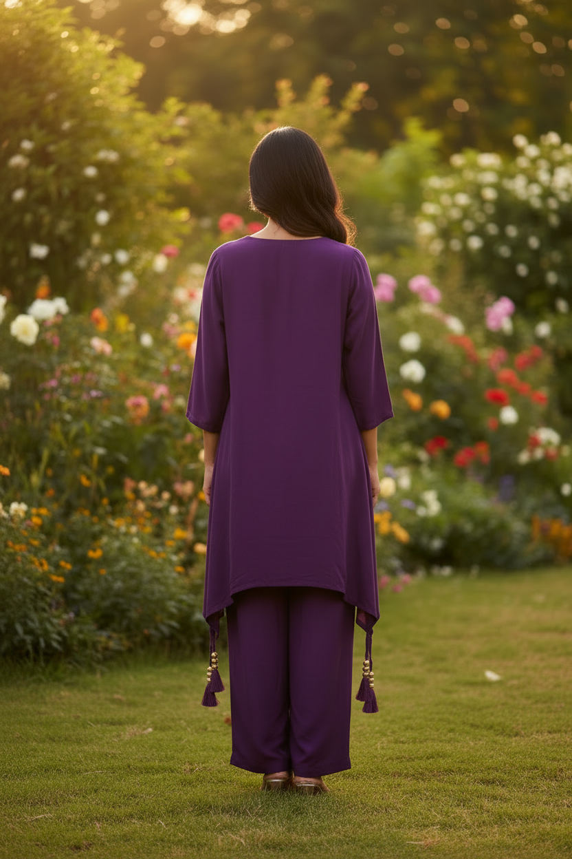 Wine Crepe Pipe Work Embroidered Co-ord Set – Straight Palazzo