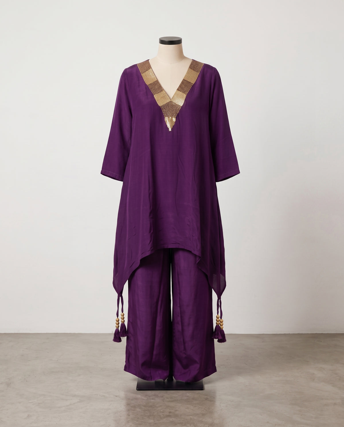 Wine Crepe Pipe Work Embroidered Co-ord Set – Straight Palazzo