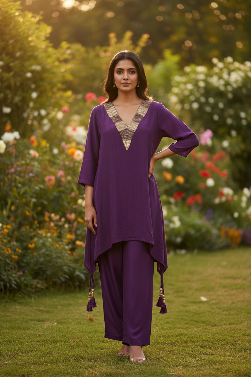 Wine Crepe Pipe Work Embroidered Co-ord Set – Straight Palazzo