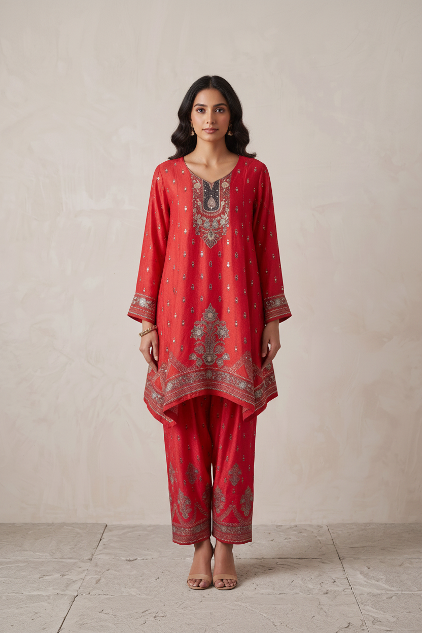 Red Crepe Silk Joga Style With Farsi Salwar